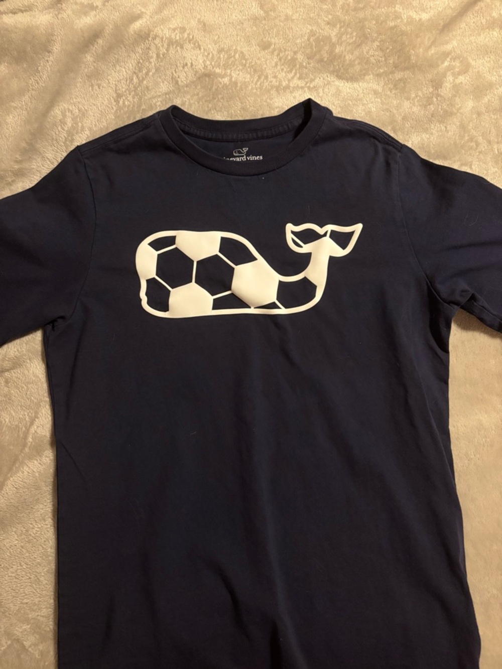 Vineyard Vines Navy Tee with White Soccer Whale Graphic
